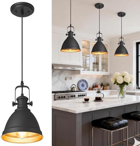 8" Black Pendant Light for Kitchen Island, Metal Shade by Audickic