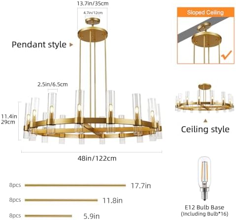 Modern 48" Gold Wagon Wheel Chandelier, Brass Round Chandeliers for Dining Room,16-Light Farmhouse Living Room Chandelier with Glass Tube for Bedroom,Staircase, Foyer, Entryway, Includes Bulbs - Image 3