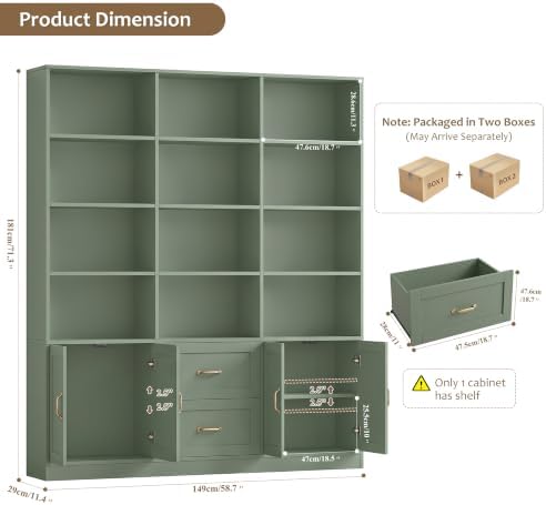 HOSTACK 71" Tall Triple Wide Bookshelf with Storage Drawers & Doors, Green - Image 3