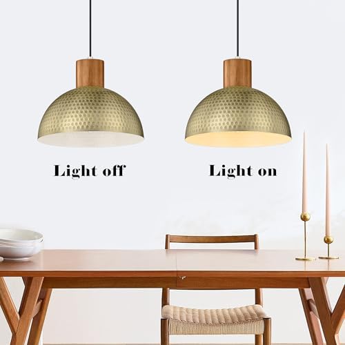 ELYONA Vintage Pendant Light Fixtures, 12” Brushed Brass Hammered Metal & Rubber Wood Industrial Dome Hanging Lamp, Antique Gold Kitchen Pendant Light for Island, Farmhouse, Sink, Dining Room, Hallway - Image 5