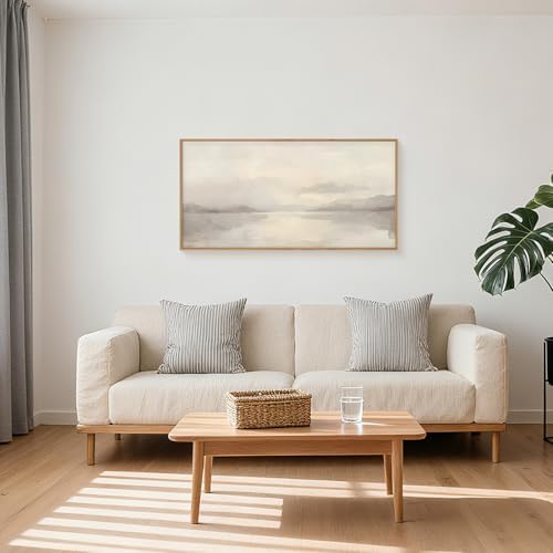 LHIUEM Large Abstract Neutral Beige Pastel Framed Canvas Wall Art,Modern Watercolor Lakes Wall Decor,Nature Mountain Minimalist Artwork for Living Room,Bedroom,Dining Room,Office-20 x40 x1 - Image 2