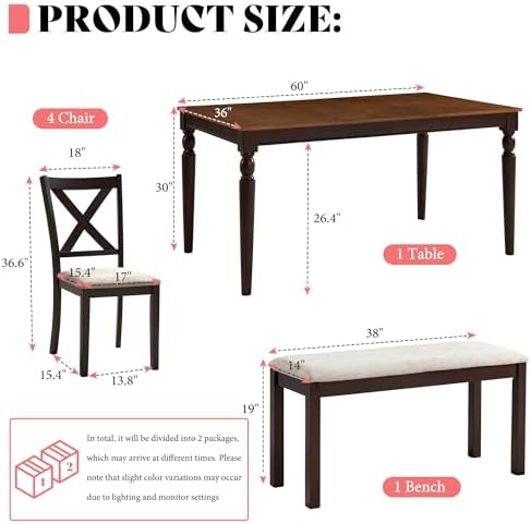 AMERLIFE 6 Piece Farmhouse Dining Set with 60" Solid Wood Table, Brown - Image 2