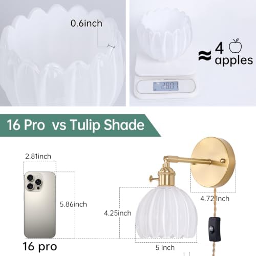 Shenmoyl Plug in Wall Sconce, White Tulip Glass Lampshade Wall Light Plugin Corded for Bedside Bedroom Doorway - Image 3