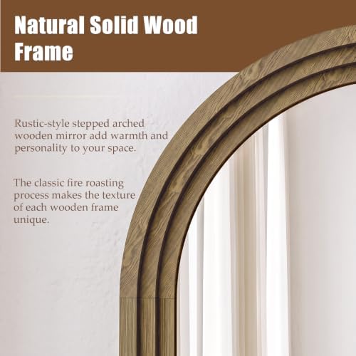 30"x71" Full Length Mirror Solid Wood Frame, Arched Floor Mirror Full Length with Stand, Room Decor Big Full Body Mirror with HD Tempered Glass for Bedroom, Living Room, Light Brown - Image 2