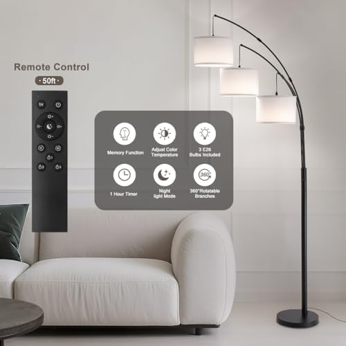 Floor lamp with Remote, 3 Light Arc Floor Lamps for Living Room, 2400LM Tall Standing Floor Lamps with White Shades, 80" Large Floor Lamp for Bedroom, Office - Image 3