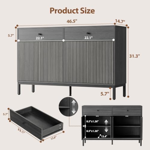 Mericonia Sideboard Buffet Cabinet Storage, Modern Wood Console Fluted Credenza - Image 2