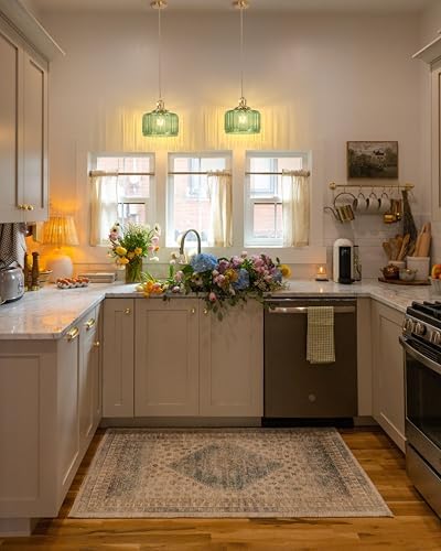Shenmoyl Pendant Light 2 Pack with Green Striped Glass Lmapshade, Brass Vintage Pendant Light Adjustable Hanging Light for Kitchen Island Dining Room Hallway - Image 7
