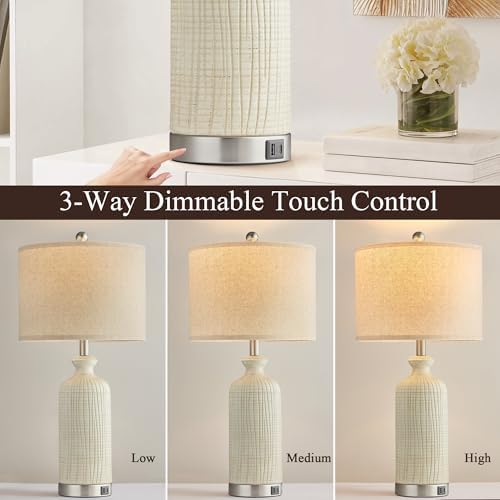 Living Room Lamps Set of 2, 27" Touch Lamps for Nightstand with USB A+C Ports, Modern Farmhouse Table Lamps for Bedroom, Beige - Image 2