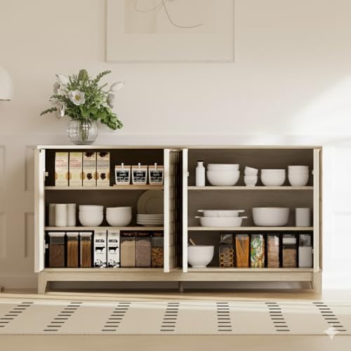 COLAMY 60" Sideboard Buffet Cabinet with Storage, Modern 4-Door Buffet Table with 3D Checkerboard Doors & Solid Wood Legs, Large Coffee Bar Cabinet for Dining Room, Living Room, Entryway,Oak Mist - Image 5