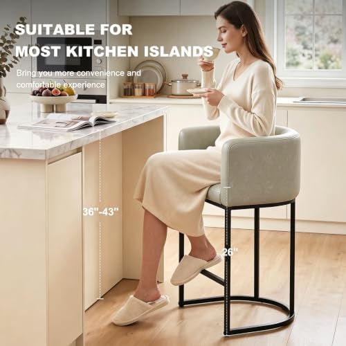 26" H Counter Height Bar Stools Set of 1, Modern Barrel Counter Stools with Backrest and Arms, Faux Leather Upholstered Accent Barstools for Kitchen Island,Support 450 LBS (Grayish White) - Image 3
