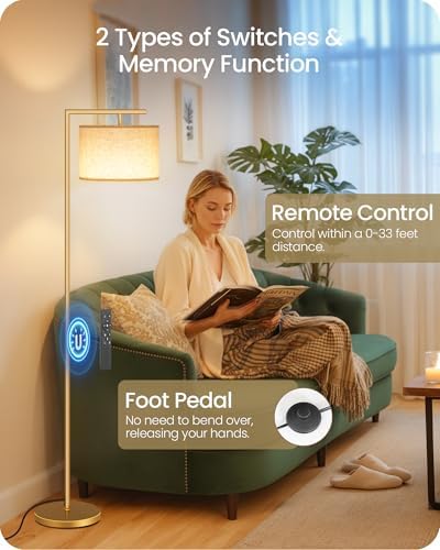 Modern Dimmable Floor Lamp for Living Room, Corner Tall Lamp with Fabric Shade, LED Bulb Included, Arched Reading Light with Remote Control and Foot Pedal, Beige and Gold DE11LD05 - Image 3