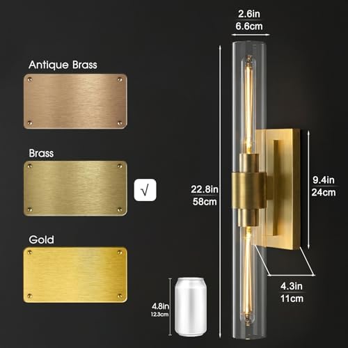 22.8" Brass Wall Sconces Set of 2, Modern Luxury 2-Light Bathroom Vanity Lights with Glass Tube Shade, Dimmable Hardwired Gold Wall Sconce for Bathroom Mirror, Living Room, Hallway (Bulbs Included) - Image 5