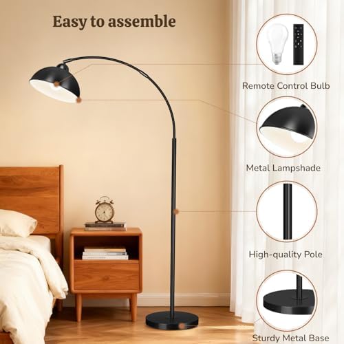 Arc Floor Lamps for Living Room, 72" Modern Tall Lamp with Remote Control and Stepless Dimmable 9W LED Bulb, Over Couch Arched Reading Lamp for Bedroom, Office(Black) - Image 6