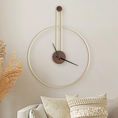 DRELIFAM Modern Wall Clock, Large 21.7''×28.7'', Walnut Dial, Silent Non-Ticking Metal Clock for Home Decor, Gold by DRELIFAM