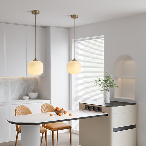 KCO Lighting 2 Pack Brushed Brass 7.9” White Ribbed Glass Pendant Lights - Image 5