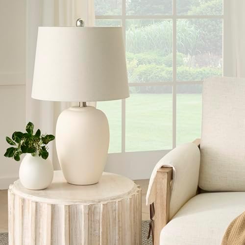 Nourison Home 23" Natural White Ceramic Jar Table Lamp for Bedroom, Living Room, Dining Office, with Off-White Shade by NourisonHome