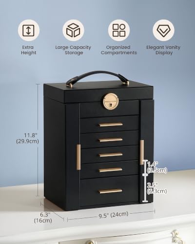 Lolalet Large Jewelry Box, 6-Layer Jewelry Organizer with 5 Drawers -Black - Image 3