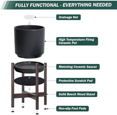 D'vine Dev Ceramic Pot with Walnut Wood Stand, Black, 8 in, 55-B-Y-2 - Image 5