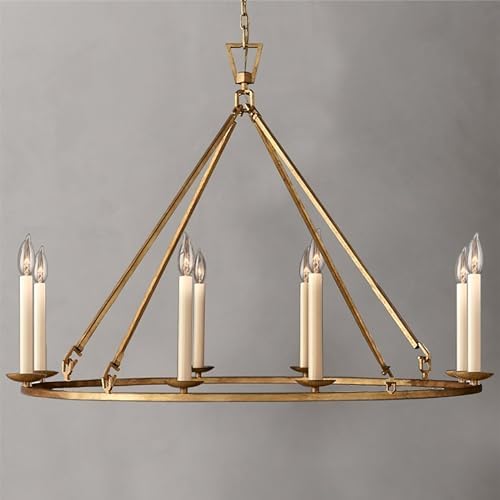 LOVEDIMA Gold Wagon Wheel Chandelier Rustic 35.4'' Candle-Shaped Metal Chandeliers Antique Brass Round Ceiling Hanging Light Fixture (8-Light) by LOVEDIMA