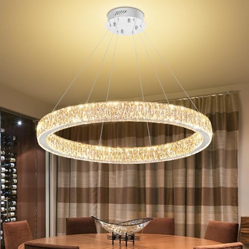 Modern LED Dimmable Crystal Chandelier 31.5" Ring Pendant Light Adjustable Round Chrome Crystal Chandelier Light Fixtures for Dining Room Living Room by IDEQUY