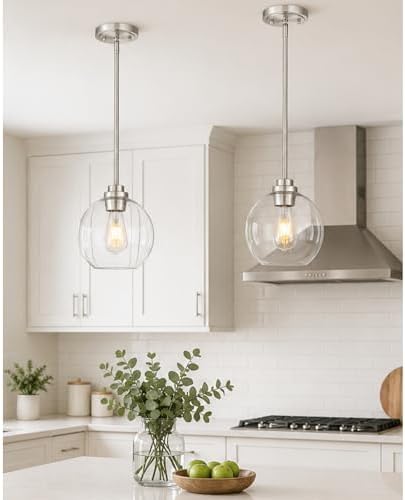 2 Pack Pendant Lights Kitchen Island, 8" Brushed Nickel Pendant Light Fixtures with Globe Clear Glass Shade, Modern Kitchen Island Lighting for Bathroom, AD-22280-2PL-SN by Audickic