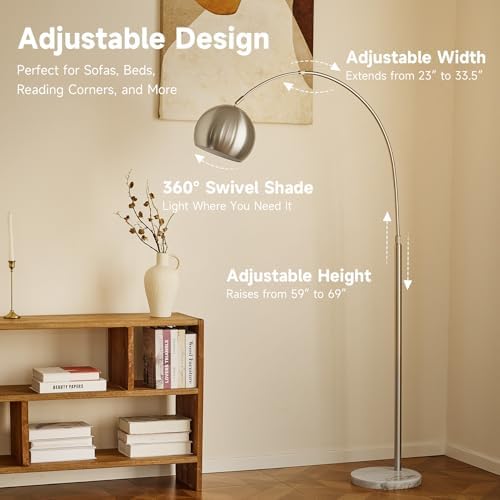 CO-Z Modern Floor Lamp for Living Room, Brushed Nickel Arc Floor Lamp with LED Bulb, Marble Base Contemporary Tall Lamp for Living Room Couch Sofa, Height Up to 69 Inch - Image 2