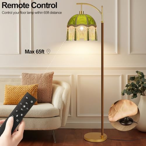 ILLMTW Green Floor Lamp for Living Room,Bedroom,Fringe Standing Lamp with Remote Dimmable,Victorian Mid Century Gold Arc Tall Lamp Boho Vintage Retro Wood Tassel Flower Unique Lamp Tiffany Decor - Image 3