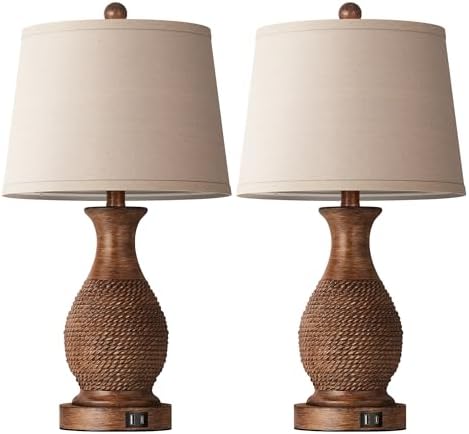 PARTPHONER Table Lamps Set of 2, Bedside Touch Lamp with USB C+A Charging Ports, Side Table Lamp with Linen Fabric Shade (LED Bulbs Included), Wood - Image 2
