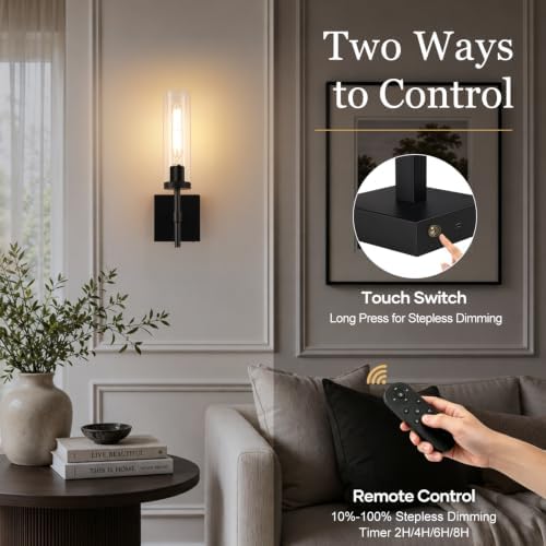 Wireless Battery Operated Wall Sconces with Remote Control, 10000mAh Wall Sconce Set of 2, Black Rechargeable Dimmable Wall Lamps for Bedroom Living Room Bathroom Hallway Stairwell, 3000K - Image 5