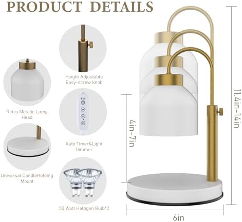 AIKUT Candle Warmer Lamp, with 2 Bulbs,Timer & Dimmer,Compatible with Large Yankee Candle Jars,3 Wick Candles,Height Adjustable Electric Top Candle Melter,White,110-120v - Image 2