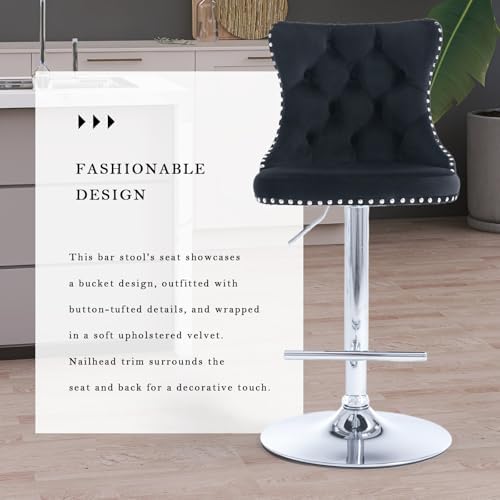 SoarFlash Velvet Bar Stool Set of 4, Adjustable Swivel Bar Stools with Silver Plated Metal Leg, Button Tufted, Footrest, Chrome Nailhead, Counter Height Chair for Kitchen, Bar, Dining Room (Black) - Image 5