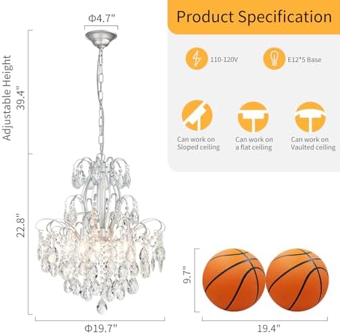 WUZUPS 5-Light Crystal Candle Chandelier Pendant Ceiling Modern Lighting Fixture for Bedroom Hallway Bar Kitchen Bathroom, H 22.8" W19.7, E12 Base, Silver - Image 2