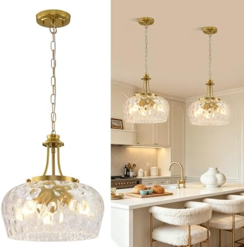 Modern Pendant Lights Kitchen Island, 3-Light Gold Pendant Light Fixtures with 14.2" Clear Hammered Glass Shade, Industrial Hanging Pendant Lights Fixture for Kitchen Island, Dining Room, Entryway by BringBrightnesstoYourLife