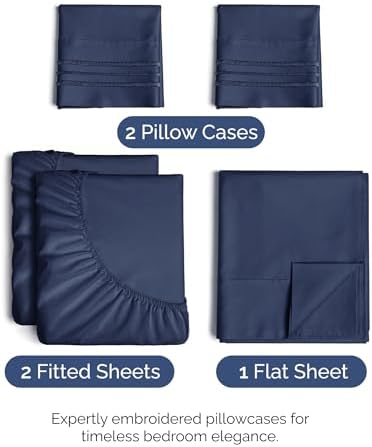 Split King Size 5 Piece Sheet Set - Breathable & Cooling Sheets - Navy Blue - Image 2