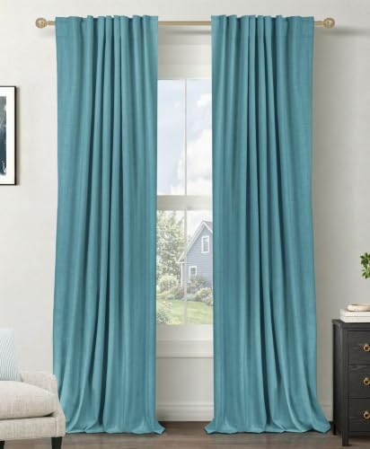 Faux Linen Total Blackout Curtains for Bedroom 84 Inches Long, Dark Cyan by 100BlackoutShield