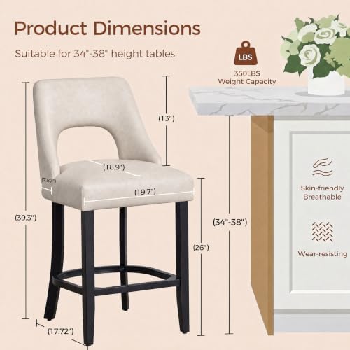 UVV Bar Stools Set of 4, Modern Upholstered Counter Height Bar Stools, Faux Leather Counter Stools BarStools with Wood Legs for Kitchen Island Dining Room Bar, Beige - Image 2