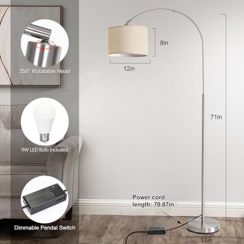 Arc Floor Lamp, Dimmable Floor Lamp with Adjustable Hanging Shade, Silver - Image 2