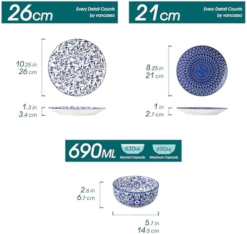 vancasso SELENE Plates and Bowls Set for 6, 18 Pieces Dinnerware Sets, Mircowave and Dishwasher Safe Dishes Set, Porcelain Blue Dinnerware - Image 2