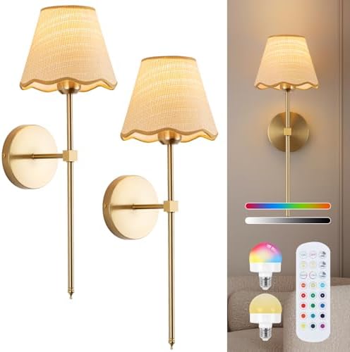 ADISUN Battery Operated Wall Sconce Set of 2, Gold Wall Lamps Rechargeable Bulbs for Living Room, Rattan Shade Wireless Wall Lights for Bedroom Living Room Hallway Kitchen(2 Bulbs Included) by ADISUN