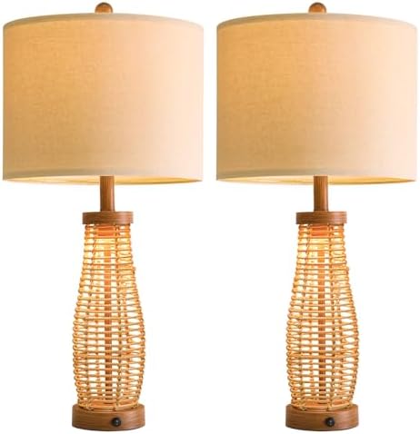 OYEARS 28" Table Lamps Set of 2 with Dual Night Lights, Bedside Lamps for Bedroom, Boho Lamp for Living Room, Rattan Table Lamp with Linen Shade, Farmhouse Lamp with Wood Grain Finish (Bulb Included) - Image 5
