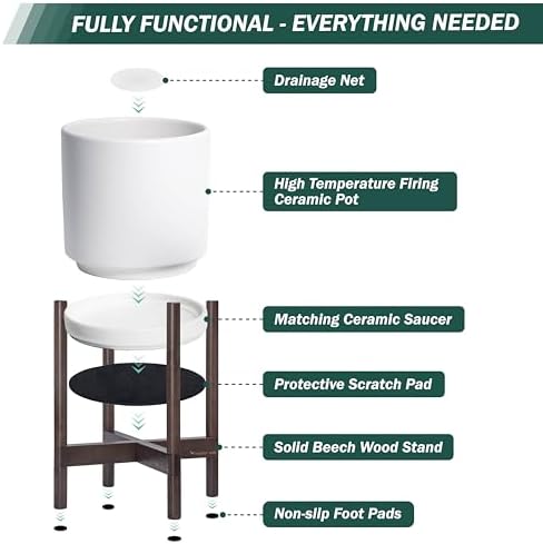 D'vine Dev Ceramic Pot with Walnut Wood Stand, White, 12 in, 55-B-W-1 - Image 4