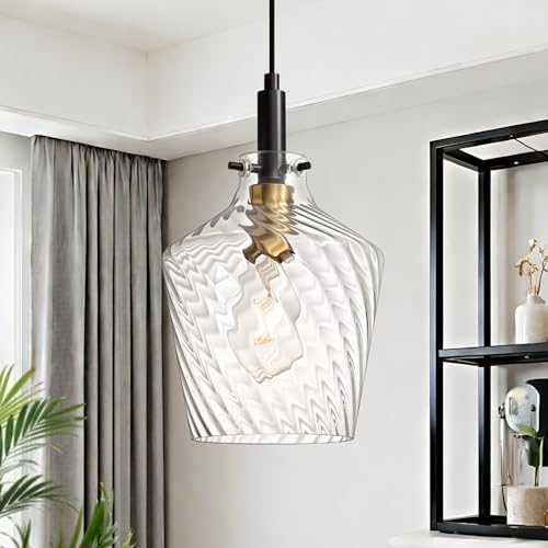 Stripes Clear Glass Pendant Light for Kitchen Island Black Gold 8 Inch by Vaziden