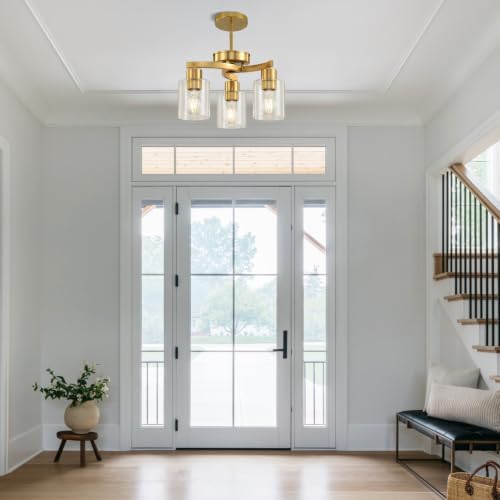 3 Light Brass Gold Dining Room Chandelier, Modern Industrial Pendant Light for Kitchen Island, Adjustable Height Hanging Ceiling Light Fixture with Clear Glass Shades,E26 Base,Dimmable - Image 6