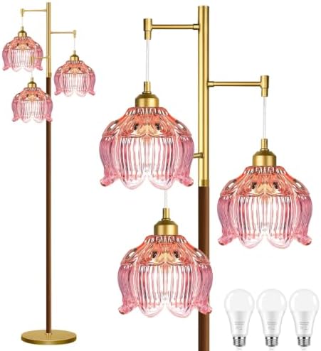QIYIZM Pink Floor Lamp for Living Room,Bedroom,Glass Mid Century Modern Standing Lamp Brass Tree 3 Light Tall Floor Lamps Wood Vintage Retro Gold Floor Lights Standing Flower LampShade Boho Bohemian by QIYIZM