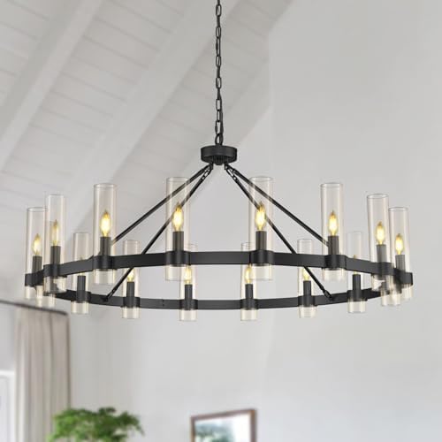 Black Wagon Wheel Chandelier, 48" Modern Chandeliers with Glass Shade, 16-Light Large Chandelier for High Ceiling, Farmhouse Chandeliers for Dining Room, Living Room, Foyer, Stairway(Bulbs Included) by VarttyalHomeDecorativeLight