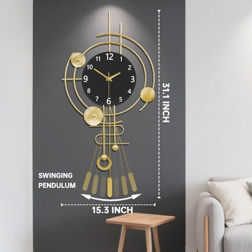 Wall Clock,Silent Quartz Movement Battery Operated with Pendulum,Oversized Metal Modern Large Wall Clocks for Living Room Bedroom Farmhouse Office Kitchen Home Wall Decor-15.3x31.1Inch(Golden Black) - Image 4