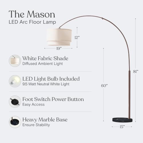 Brightech Mason Arc Floor Lamp - Modern Corner Standing Lamp with Unique Hanging Drum Lamp Shade for Living Room - Bright Overhead, Curved Hanging Light for Bedroom. Library, Den - Bronze - Image 3
