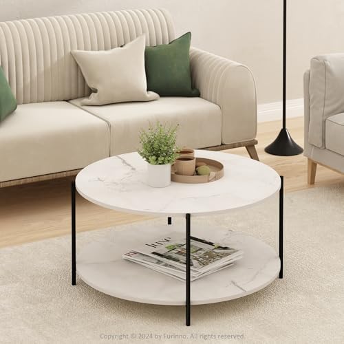 Furinno BESI 2-Tier Round Modern Coffee Table with Metal Legs, Marble White - Image 2