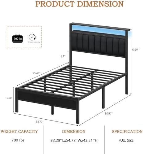 Furnulem Full Size Bed Frame with Charging Station and LED Lights - Image 2