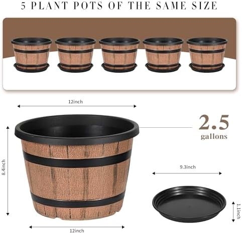 Whiskey Barrel Planters 12 Inch, 5 Pack Plastic Pots with Wood Design - Image 2